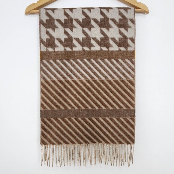 Reversible Houndstooth Stripe Pattern Beige Scarf Fringe Fall Fashion Cozy Soft - Picture 12 of 14